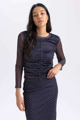 Облегающая футболка с длинным рукавом и круглым вырезом в горошек - Defacto фото 3