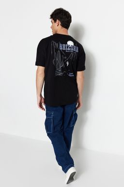 TRENDYOL MAN Siyah Oversize/Genis Kesim Tropik Arizona Sehir Bask?l? %100 Pamuklu T-Shirt TMNSS23TS00164