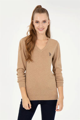 U. S. Polo Assn Женский базовый свитер светло-коричневого цвета с v-образным вырезом меланжевого цвета - U.s. polo assn фото 7