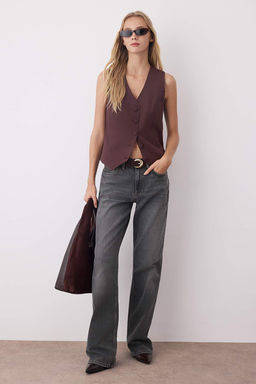 Koyu Kahverengi Fitted Dugmeli Crop Dokuma Yelek TWOSS21YE0009