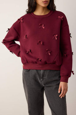 Bordo Kurdele Detayl? Kal?n Ici Polarl? Orme Sweatshirt TWOAW26SW00240 - Trendyolmilla фото 3