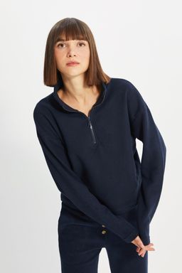 Lacivert Selanik/Triko Gorunumlu Fermuarl? Yaka Regular/Normal Kal?p Orme Sweatshirt TWOAW22SW0732