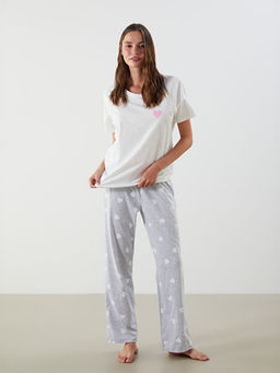 Bisiklet Yaka Kalp Bask?l? Kad?n Pijama Tak?m?