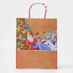 Пакет бумажный подарочный новогодний крафт «Дед мороз и снегурочка» 26×32×12 см