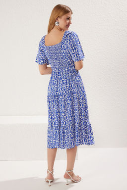 Mavi Etnik Desenli A Kesim Balon Kollu Cicek Desenli Midi Viskon Dokuma Elbise TWOSS20EL2323