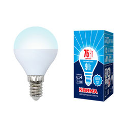 LED-G45-9W/NW/E14/FR/NR Лампа светодиодная. Форма "шар", матовая. Серия Norma. Белый свет (4000K). Картон. ТМ Volpe