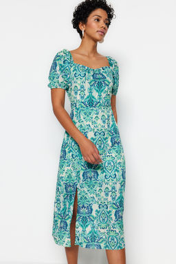 Yesil Etnik Desenli A-Kesim Kare Yaka Y?rtmacl? Midi Dokuma Elbise TWOSS23EL01846 - Trendyolmilla фото 2