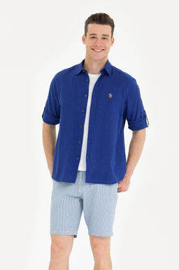 Мужская синяя базовая рубашка с длинным рукавом Неожиданная скидка в корзине