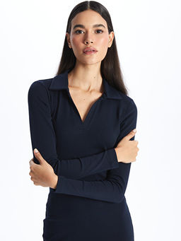 Polo Yaka D?z Uzun Kollu Elbise