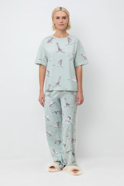 ЕП 20204/туманный голубой,журавли пижама жен (фуфайка,брюки)