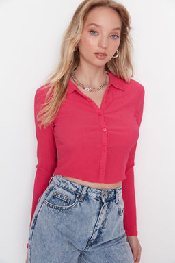 Fusya Dugmeli Fitted/Vucuda Oturan Polo Yaka Burumcuk/Dokulu Crop Orme Bluz TWOAW22BZ0241