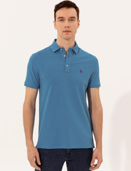 Kobalt Mavi Polo Yaka Slim Fit Basic T-Shirt