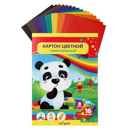 Картон цветной А4, 16 листов, 8 цветов, в папке Панда, немелованный 220 г/м2