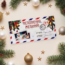 Цена за 10 шт. Конверт для денег "Исполнения желаний!" новогоднее письмо 16х8 см