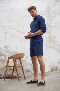 Lacivert Regular Fit Muslin Kumas Keten Gorunumlu %100 Pamuklu Sort TMNSS25SR00059 - Trendyolmilla фото 3