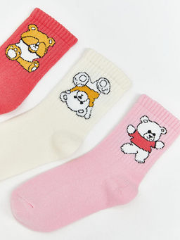 Ay? Bask?l? K?z ?ocuk Soket ?orap 3l?