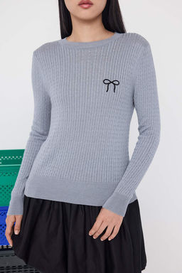 Teen Gri Merserize Gorunumlu Sac Orgu Nak?s Detayl? Triko Kazak TWOAW26KZ00055