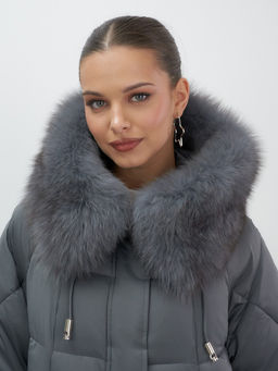 Куртка зимняя женская с мехом и капюшоном тренд темно-серого цвета 7660TC - Visdeer фото 6
