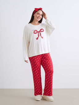 Fiyonk Bask?l? Kad?n Pijama Tak?m? ve Sa? Band?