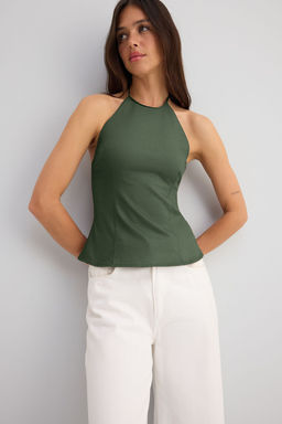 Trendyolmilla Ac?k Kahverengi Pamuklu Gabardin Halter Yaka Fitted Bedene Oturan Dokuma Bluz TWOSS25BZ00536  фото 3