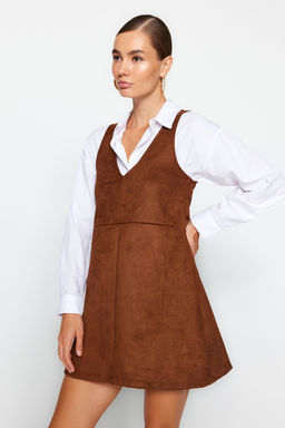 Kahverengi V Yaka Jile Suet Mini Orme Elbise TWOAW24EL00543