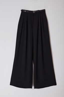 Siyah Kemerli Pilili Wide Leg/Extra Genis Paca Dokuma Pantolon TWOAW25PL00032 Palazzo