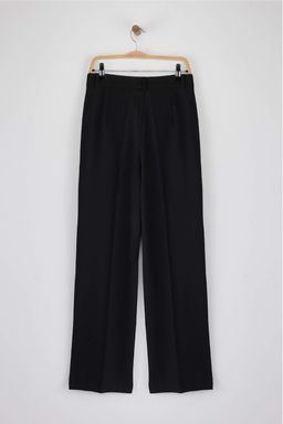 Siyah*001 Limited Edition Straight/Duz Kesim Pilili Dokuma Kumas Pantolon TWOAW23PL00401