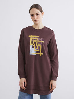 Bisiklet Yaka Bask?l? Kad?n Sweatshirt Tunik