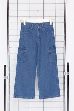 Koyu Mavi K?z Cocuk Wide Leg Kargo Cepli Pamuklu Lastikli Denim Pantolon Jean TKDSS24PL00001 - Trendyolmilla фото 6