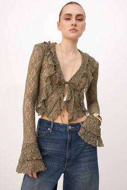 Haki Fitted/Vucuda Oturan Kruvaze Uzun Kollu Volanl?/F?rf?rl? Dantel Orme Bluz TWOSS26BZ00723