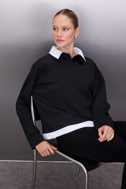 Siyah Dokuma Garnili Polo Yaka Oversize/Genis Kal?p Orme Sweatshirt TWOAW26SW00122