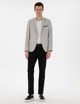 A__k Gri Slim Fit Y_n Keten Kar___ml_ Ceket
