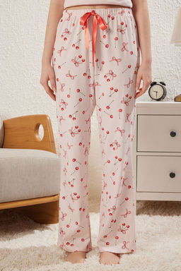 Trendyolmilla Pudra %100 Pamuklu Kiraz ve Kurdele/Fiyonk Desenli Orme Pijama Tak?m? THMSS25PT00188  фото 4