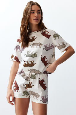 Trendyolmilla Kad?n Couple/Cift Ekru %100 Pamuklu Kaplan Desenli Sortlu Orme Pijama Tak?m? THMSS24PT00078  фото 4
