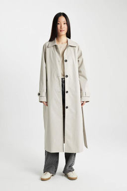 Длинный тренч стандартного кроя с поясом - Defacto фото 7