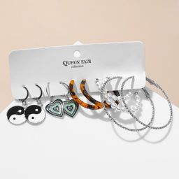 Серьги набор 5 пар Леди инь-ян, цветные в серебре