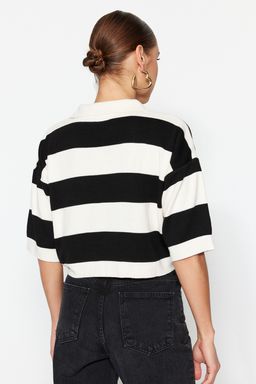 Siyah Crop Polo Yaka Basic Cizgili Ince Triko Bluz TWOSS23KZ00010 - Trendyolmilla фото 6