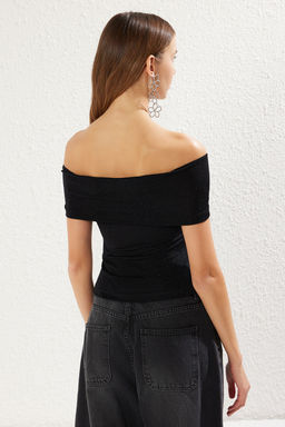 Trendyolmilla Siyah Gul Detayl? Par?lt?l? Simli Orme Bluz TPRSS25BZ00011 фото 5