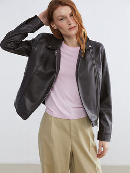 Biker Yaka Kad?n Deri G?r?n?ml? Ceket