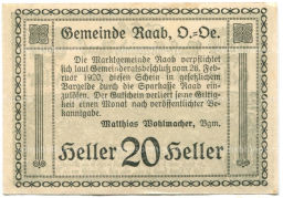 Банкнота 20 геллеров 1920 года Австрия  Рааб (нотгельд)