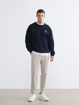 Bisiklet Yaka Ay? Teddy Bask?l? Erkek Kal?n Sweatshirt