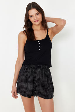 Trendyolmilla Siyah %100 Pamuklu Puantiyeli Dugme Detayl? Ip Ask?l? Sortlu Orme Pijama Tak?m? THMSS24PT00335 фото 2