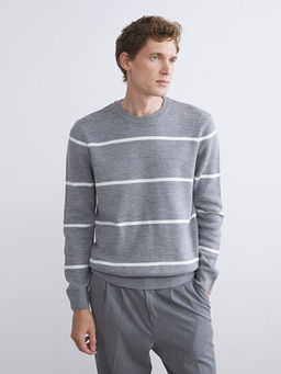 Bisiklet Yaka Uzun Kollu ?izgili Erkek Triko Kazak