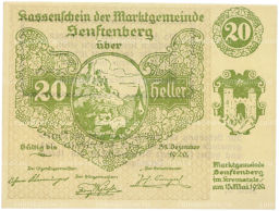 Банкнота 20 геллеров 1920 года Австрия  община Зенфтенберг (Нотгельд)