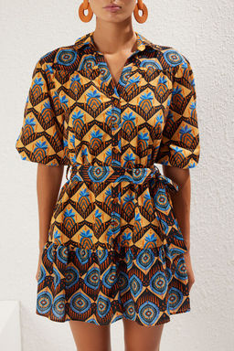 Trendyolmilla Etnik Desenli Mini Dokuma %100 Pamuk Balon Kollu Plaj Elbisesi TBESS25EL00035  фото 4