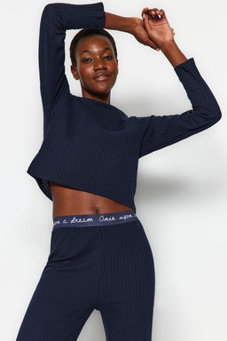 Lacivert Slogan Lastik Detayl? Fitilli Orme Pijama Tak?m? THMAW21PT0269
