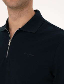 Lacivert Slim Fit K_vr_lmaz Fermuarl_ Polo Yaka Basic Pike Sweatshirt