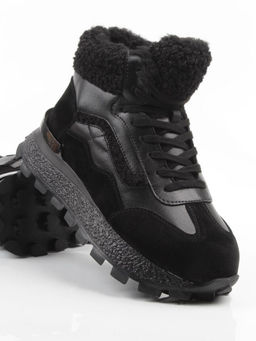 04-WG042-1M BLACK Кроссовки зимние женские (натуральная кожа, натуральная замша, 100% шерсть)