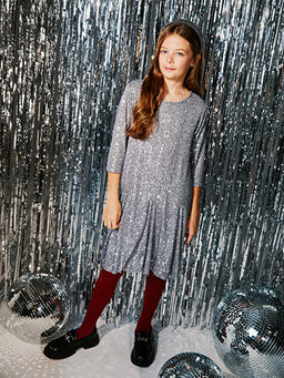 Bisiklet Yaka Pul ??lemeli K?z ?ocuk Elbise