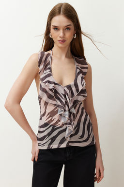 Gri Animal Desenli Boyundan Baglamal? Regular/Normal Kal?p F?rf?r Detayl? Orme Bluz TWOSS24BZ00498